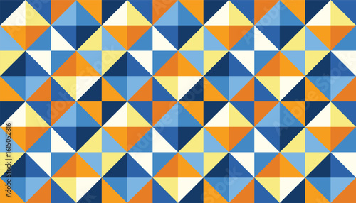 Vibrant geometric pattern composed of symmetrical triangles in warm and cool tones
