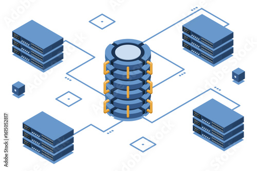 Isometric cloud database. Database with cloud server. Cloud storage. Data transmission technology. Isometric technology