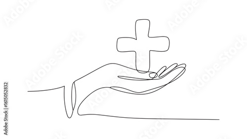 Continuous Line Drawing of Hand Holding Cross Symbolizing Faith, Hope, and Healing Concept