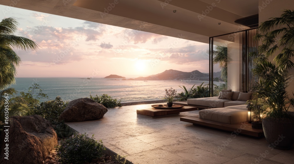Fototapeta premium Stunning villa featuring a terrace with breathtaking ocean views for a perfect getaway
