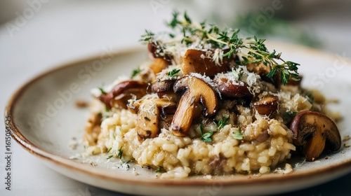 Delicious wild mushroom risotto on a ceramic plate, shot from 45 degrees, garnished with thyme and parmesan