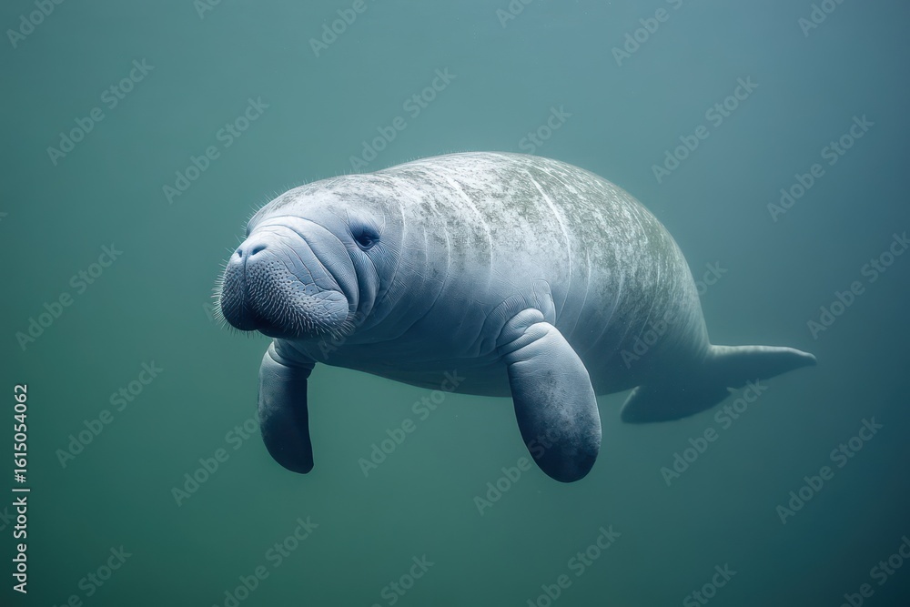 Naklejka premium Tranquil manatee floating against plain background