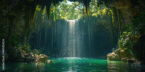 Tropical cenote cave with turquoise water, sunrays streaming through tree canopy, rocks, vines hanging, dense jungle vegetation, crystal clear pool, natural cave walls. Generative by AI.