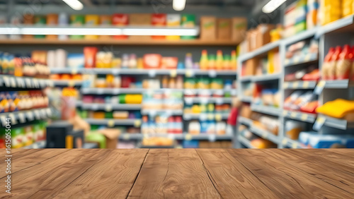 Wallpaper Mural Grocery store interior with wooden table foreground, blurred colorful food shelves, consumer goods and packaged daily products Torontodigital.ca