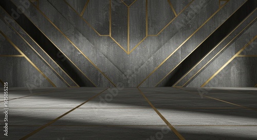 Wallpaper Mural Empty modern showroom with brutalist concrete walls and gold Art Deco inlays, front view with dramatic lighting for product display. Torontodigital.ca