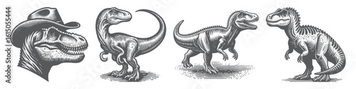 Vintage Hand-Drawn T-Rex with Cowboy Hat Collection Illustration, Prehistoric Western Engraved Style Vector for T-Shirts and Humor Themes Design