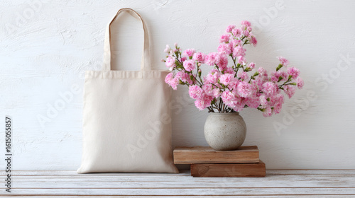 Canvas tote bag mockup with pink flowers on a white wooden table--ideal for eco-conscious branding. 