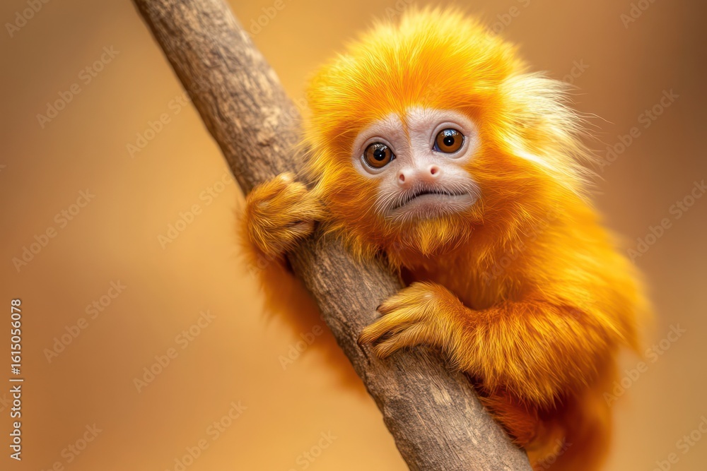 Fototapeta premium Golden lion tamarin climbing branch isolated