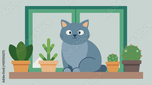 Gray cat sitting on a windowsill surrounded by potted cactus and succulent plants