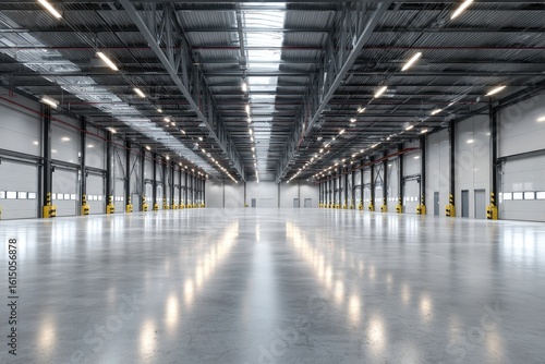 Bright, expansive warehouse interior with polished concrete floor and steel supports