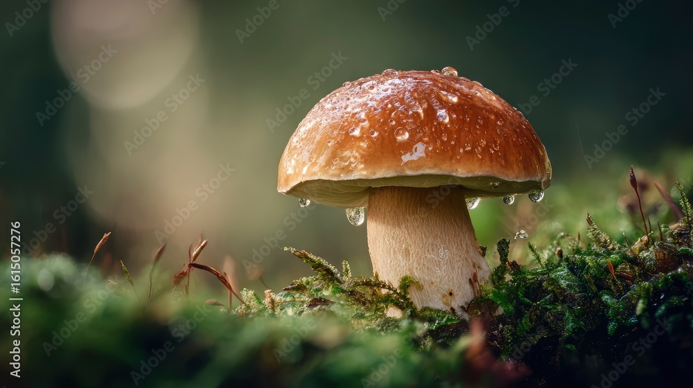 Macro photo of a fresh porcini mushroom emerging from moss, dewdrops on cap, morning forest light Macro photo of a fresh porcini mushroom emerging from moss, dewdrops on cap, morning forest light