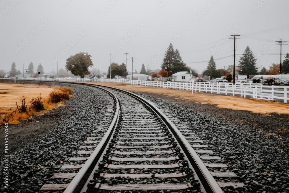 Fototapeta premium A railway track curves into a hazy, rural landscape