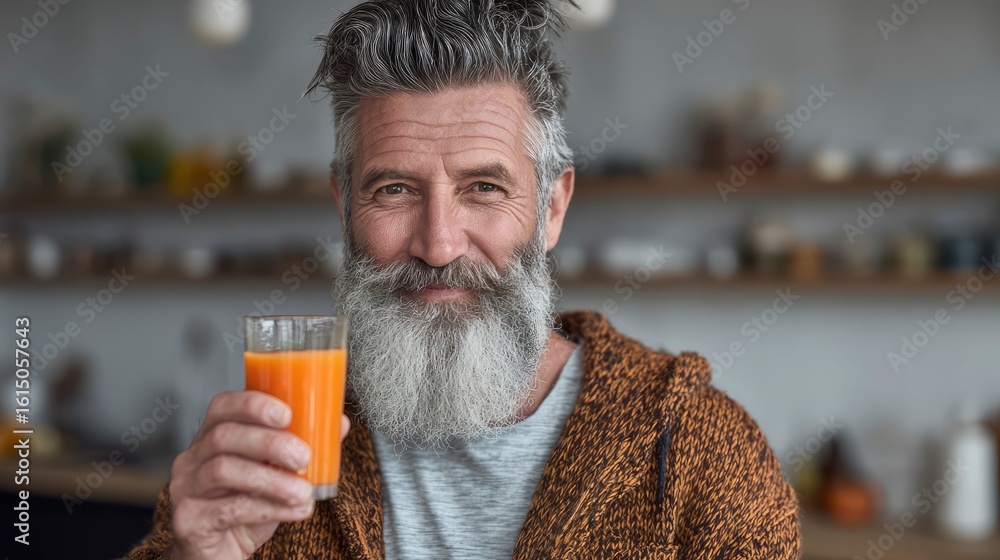 Fototapeta premium Mature man with salt and pepper beard holding fresh carrot juice, clean minimal kitchen setting, clean eating concept