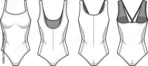 Flat cad vector illustration, technical swimsuit drawing, front and back view, fashion swimwear template, one-piece design, activewear sketch