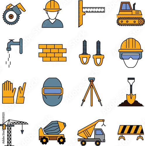 Construction Icon Set – Tools, Workers, and Heavy Equipment Vector Illustration, construction color icons, civil engineering icons