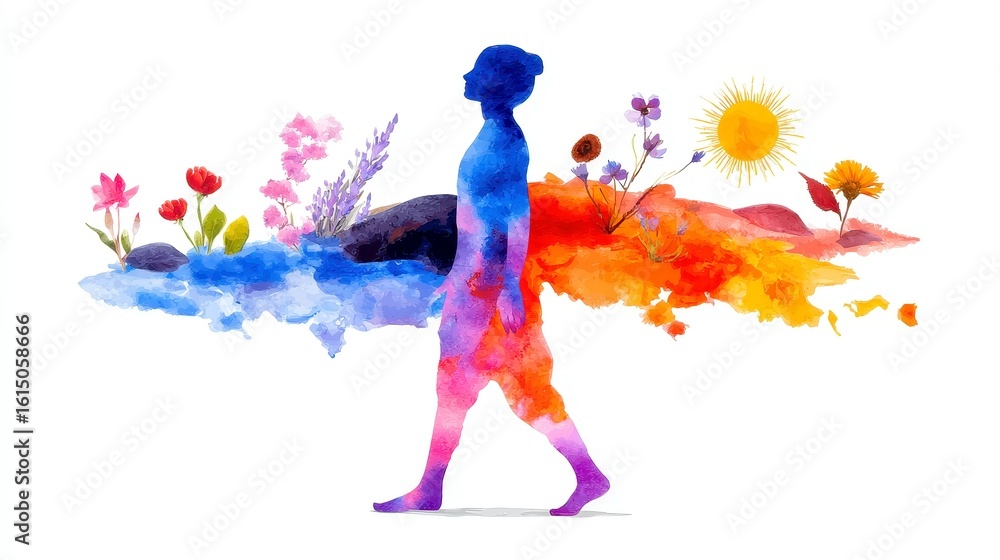 Obraz premium Vibrant Watercolor Silhouettes, Artistic human figures in blue and red gradients, adorned with abstract splashes and sun symbols, embodying a theme of wellness on a white backdrop