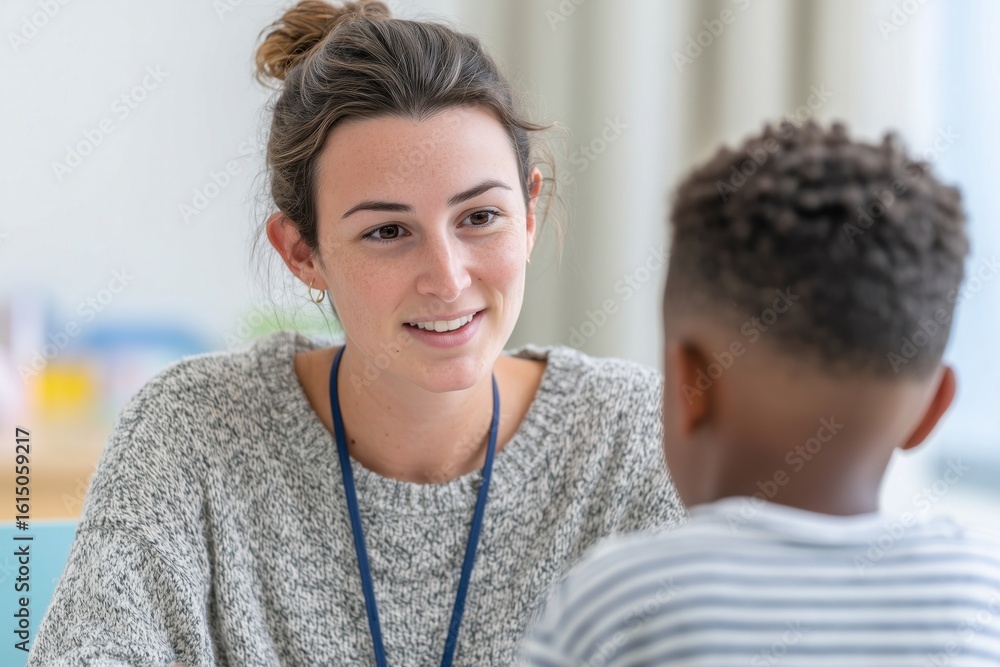 Obraz premium A speech therapist uses colorful flashcards to help a young boy with his pronunciation in a friendly clinic. Child development.