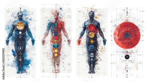 Chakra Line Art Collection, modern minimalistic design featuring human body outlines, colorful chakra points, sacred geometry overlays, watercolor style, isolated on white background