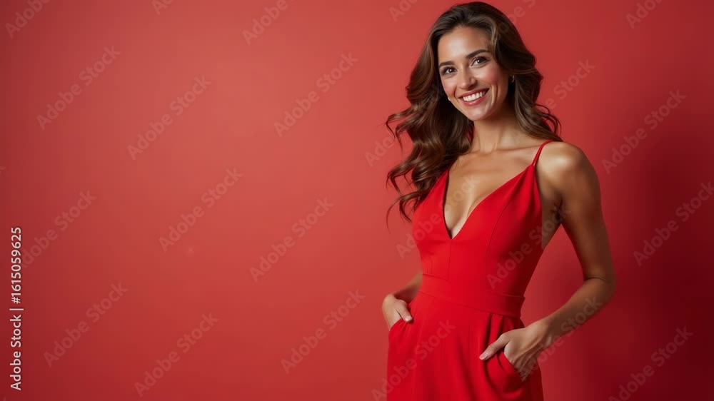 Portrait in red dress, pretty woman smiles against red backdrop. Red dress attire includes spaghetti straps, full length cut, and a smile. Model wearing red dress for beauty and fashion editorials. Portrait in red dress, pretty woman smiles against red backdrop. Red dress attire includes spaghetti straps, full length cut, and a smile. Model wearing red dress for beauty and fashion editorials.