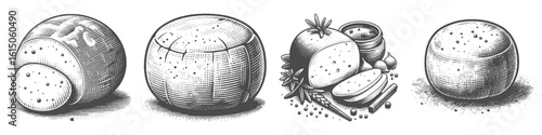 Vintage Hand-Drawn Parmesan Cheese Collection Illustration, Italian Dairy Scene Engraved Style Vector for T-Shirts and Culinary Themes Design