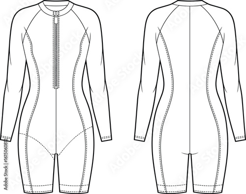 Flat technical sketch, front and back, women’s wetsuit design, long sleeve, zipper front, CAD illustration, vector outline, activewear template