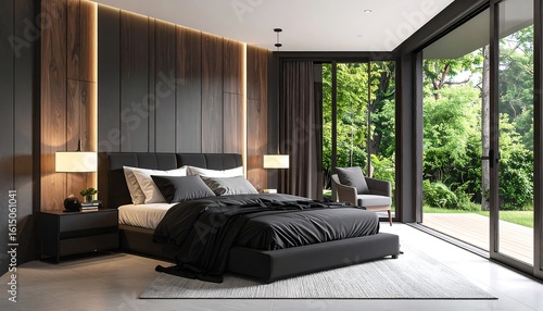 Modern bedroom with large windows
