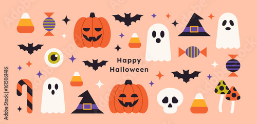 Halloween icon geometric set. Cute ghost, hat, bat, candy, pumpkins, mushrooms, skull. Flat autumn holiday stickers. Perfect for greeting card, party invitation, poster. Vector trendy illustration.