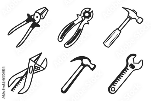 Collection of HandDrawn Tools Pliers Hammers and Wrenches.
