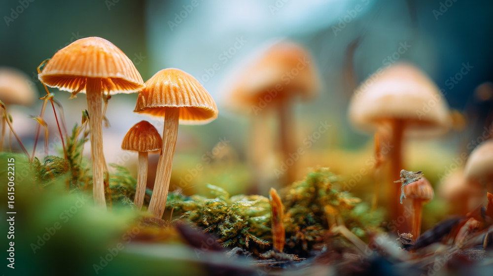 Fototapeta premium Tiny wild mushrooms in the forest, some potentially toxic, depicted in a macro nature composition.