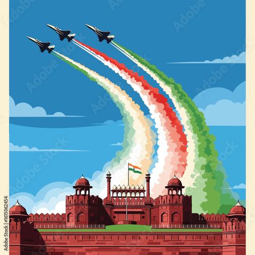 Tricolor smoke trail from fighter jets flying over Red Fort, stylized patriotic poster design