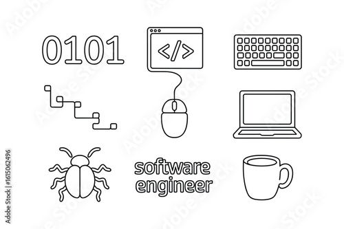 Binary code computer mouse keyboard laptop bug code snippet and coffee cup vector