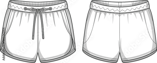 Flat vector sketch, women’s performance running shorts, front and back view, drawstring waistband, contrast detail, CAD fashion technical drawing