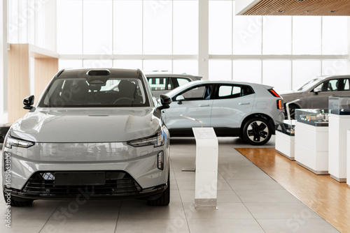 Bild auf Leinwand Electric cars standing in the showroom of a car dealership