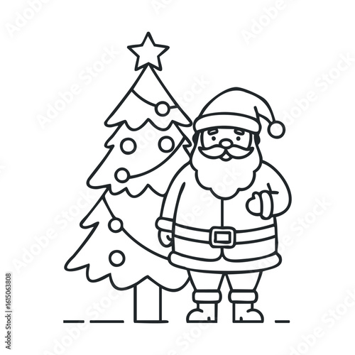 Line art of santa claus with christmas tree