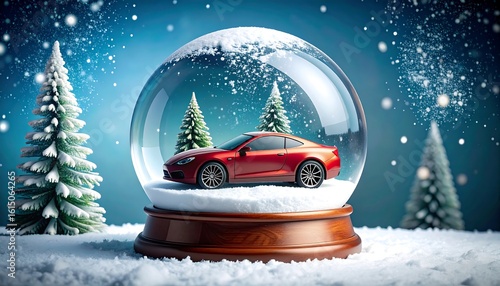 Red sports car inside a snow globe on a snowy surface with pine trees