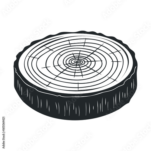 Black and white tree stump illustration with growth rings and tree bark details
