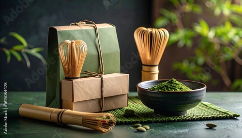 Matcha Tea Ceremony Still Life with Bamboo Whisk, Bowl, and Gift Packaging