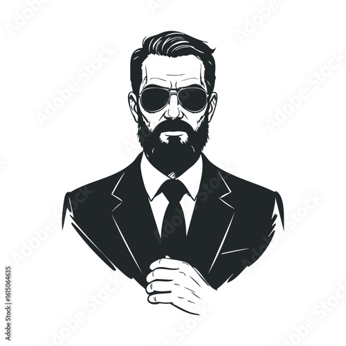 Stylish bearded caucasian male adult in suit with sunglasses illustration