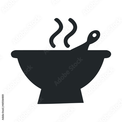 Minimalist icon of a steaming bowl with ladle for cooking and food concepts