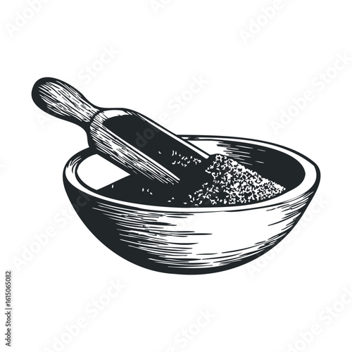 Woodcut illustration of bowl and scoop with granular texture