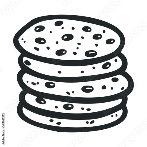 Black and white illustration of stack of chocolate chip cookies