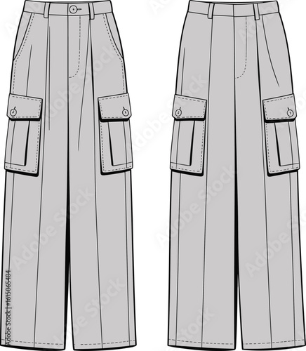 High waist cargo pants, front and back view, button flap pockets, technical cad sketch, flat vector drawing, fashion design