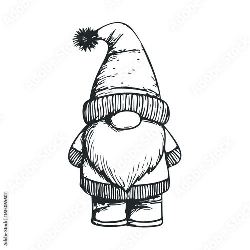 Black and white hand-drawn gnome with tall hat and long beard