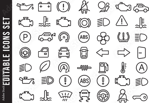 Editable Set of Car Dashboard Warning Lights and Indicator Icons