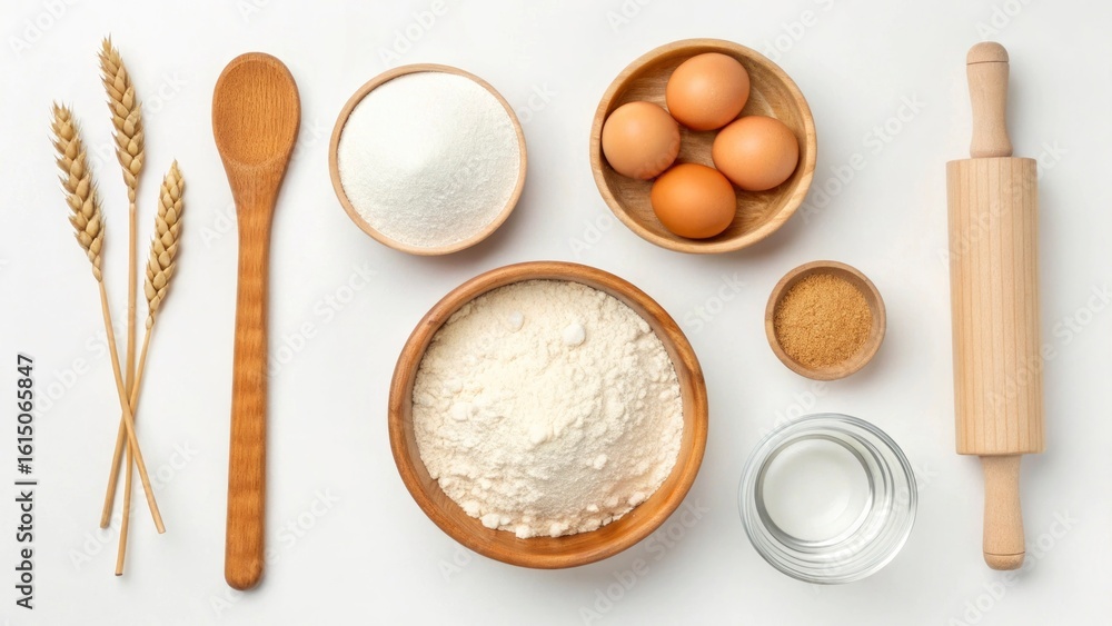 A collection of baking ingredients is neatly arranged, showcasing flour in a bowl, eggs, sugar, a rolling pin, and wheat stalks ready for use in a kitchen setting A collection of baking ingredients is neatly arranged, showcasing flour in a bowl, eggs, sugar, a rolling pin, and wheat stalks ready for use in a kitchen setting