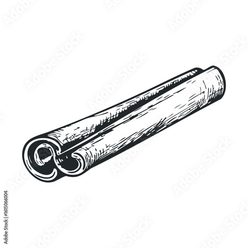 Illustrated cinnamon stick on white background depicting spices and aromatics