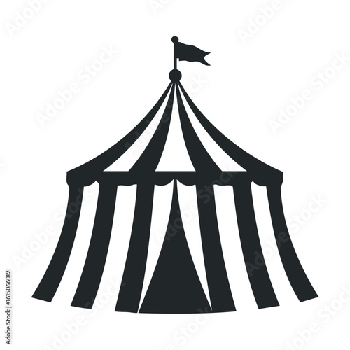 Black silhouette circus tent with flag icon on white background
