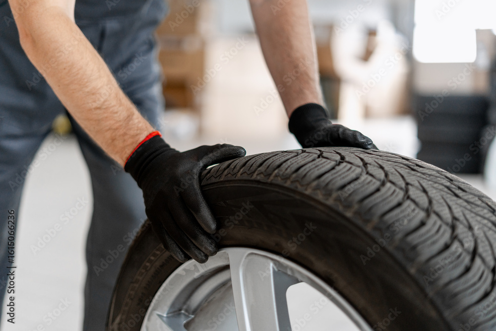 Obraz premium Mechanic inspecting car tire in auto repair shop