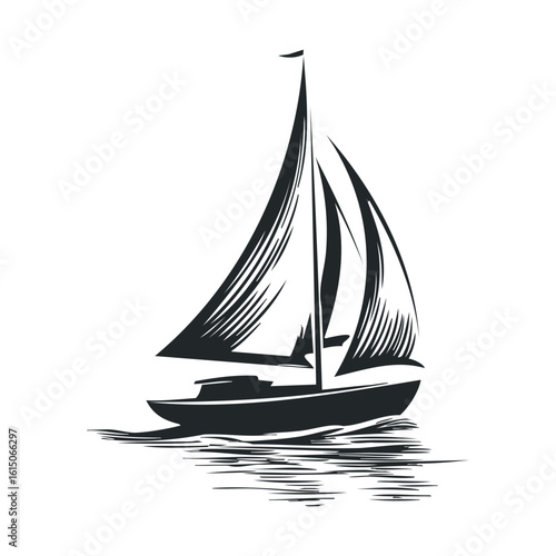 Monochrome sailboat illustration with vintage nautical design on waves
