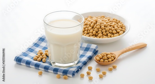 Wallpaper Mural Soy milk with soybeans and wooden spoon on blue checkered cloth Torontodigital.ca